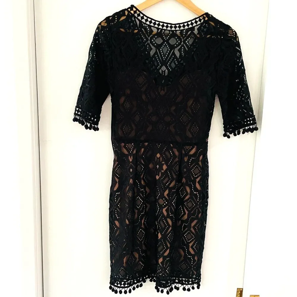 Gianni Bini Women's Size S Black Tan Geometric V-Neck Pom Pom Fringe Side Zip - Picture 3 of 10